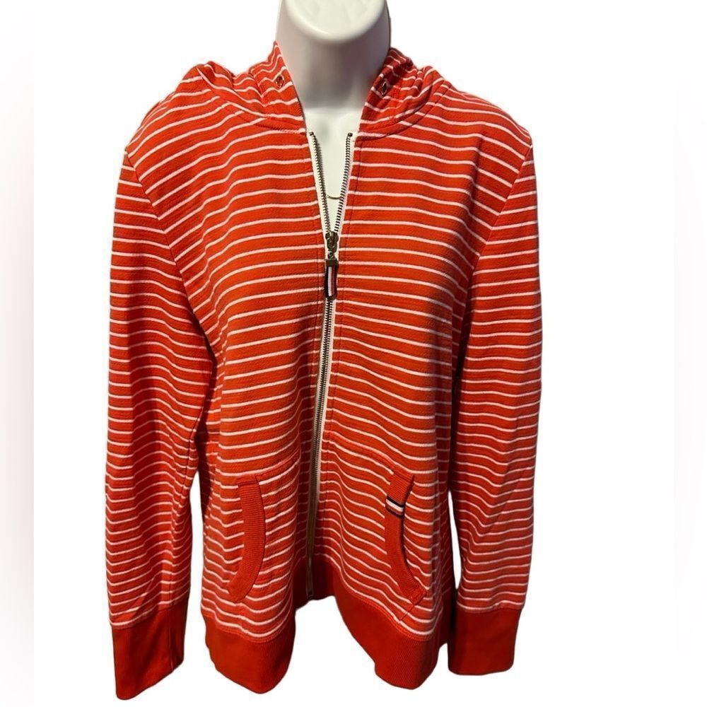☀️Tommy Hilfiger Orange & White Striped Hoodie Woman’s size Large